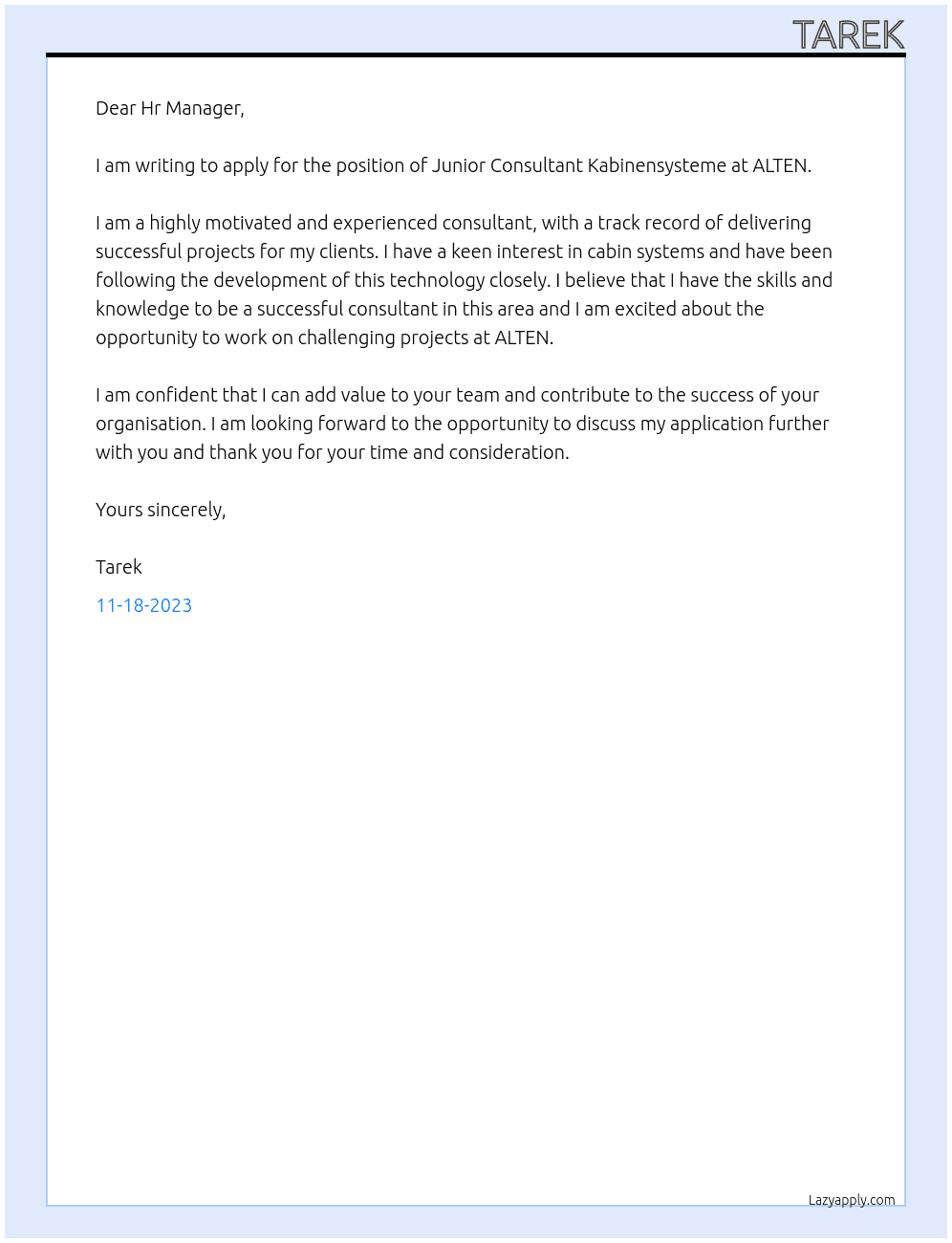 Junior Consultant Kabinensysteme At ALTEN Cover Letter