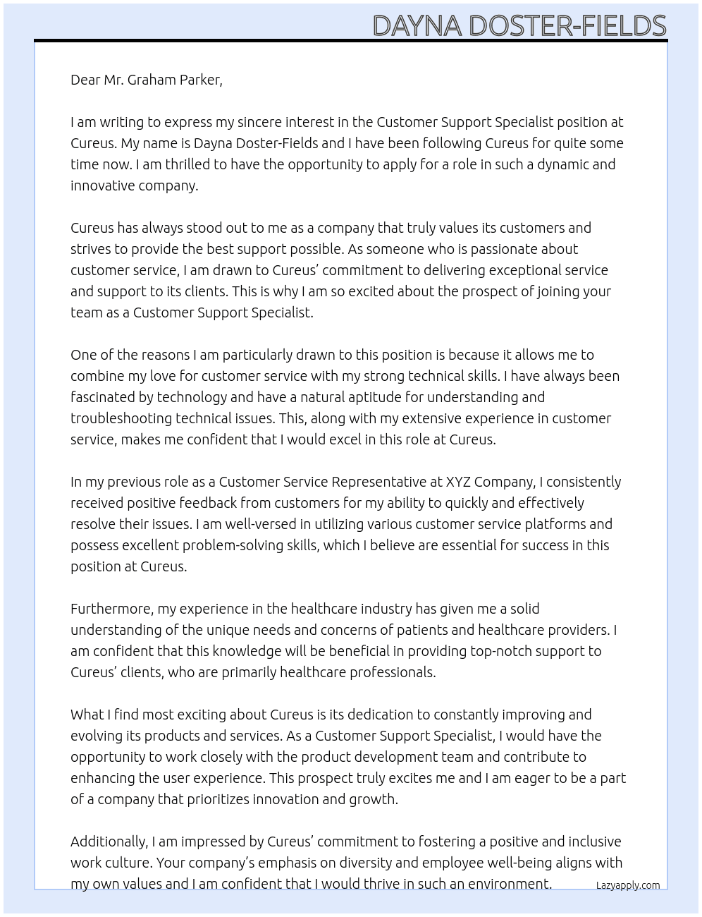 Customer Support Specialist At Cureus Cover Letter