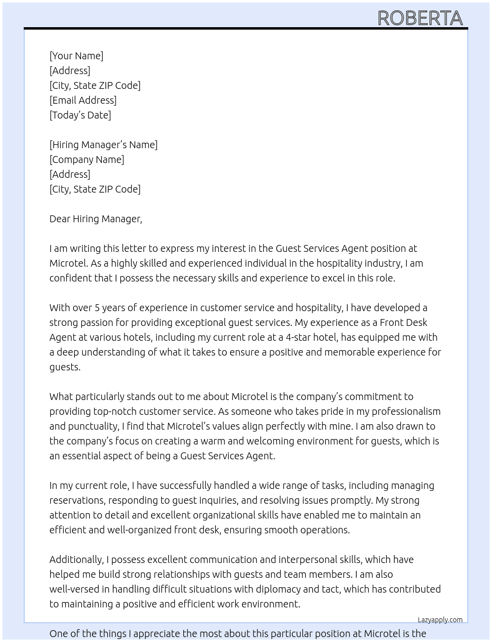 Guest services agent At Microtel Cover Letter