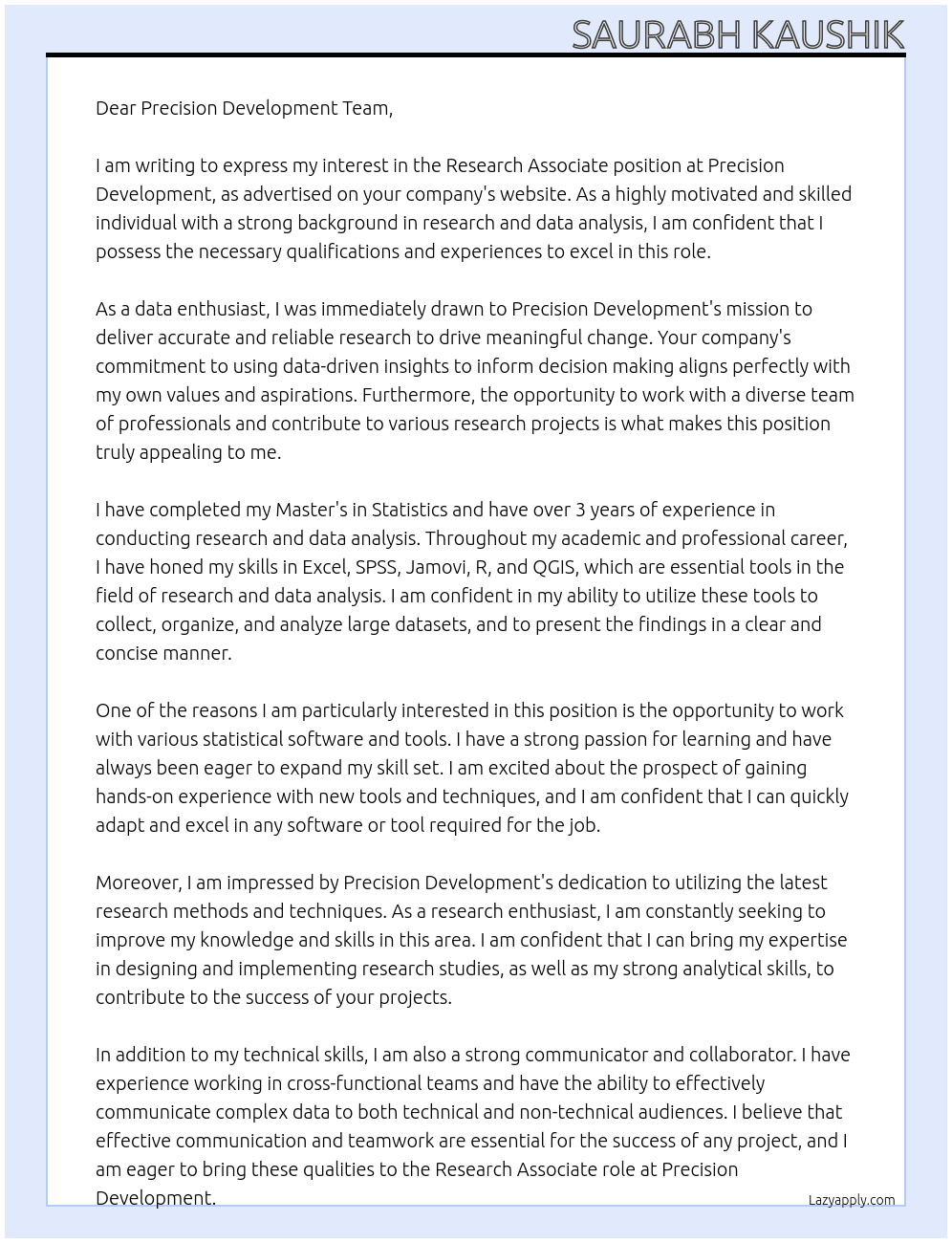 Research Associate At Precision Development Cover Letter