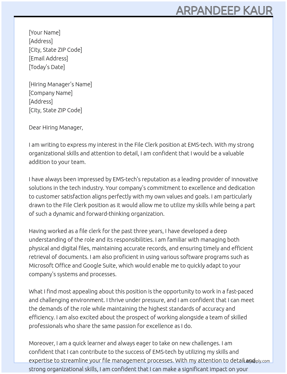 File clerk At EMS-tech Cover Letter