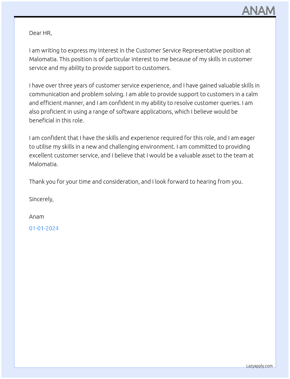 Customer Service Representative At Malomatia Cover Letter