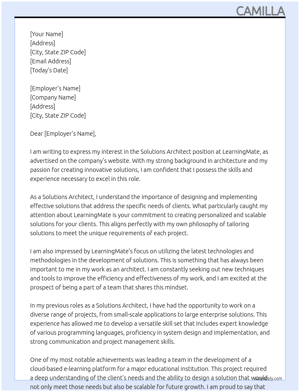 Solutions Architect At LearningMate Cover Letter