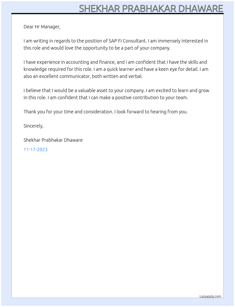 SAP FI Consultant At Multinational companies Cover Letter