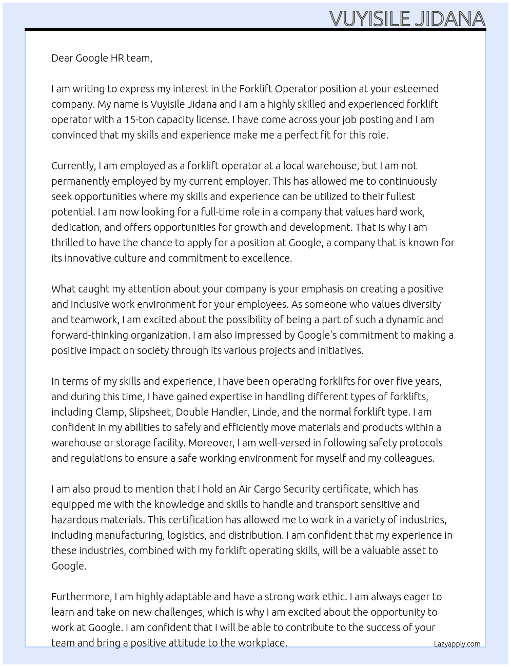 Forklift Operator At Google Cover Letter
