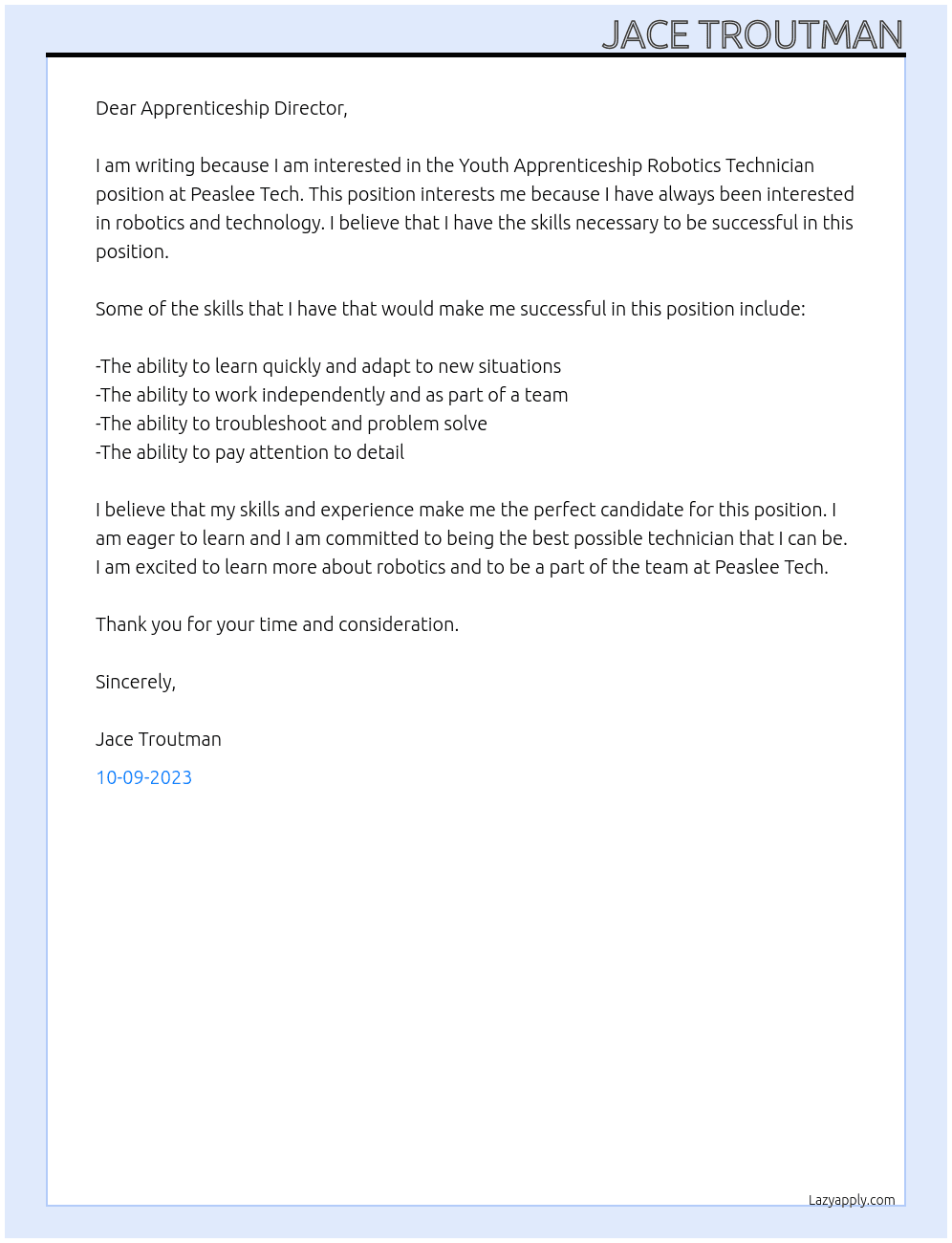 Youth Apprenticeship Robotics Technician At Peaslee Tech Cover Letter
