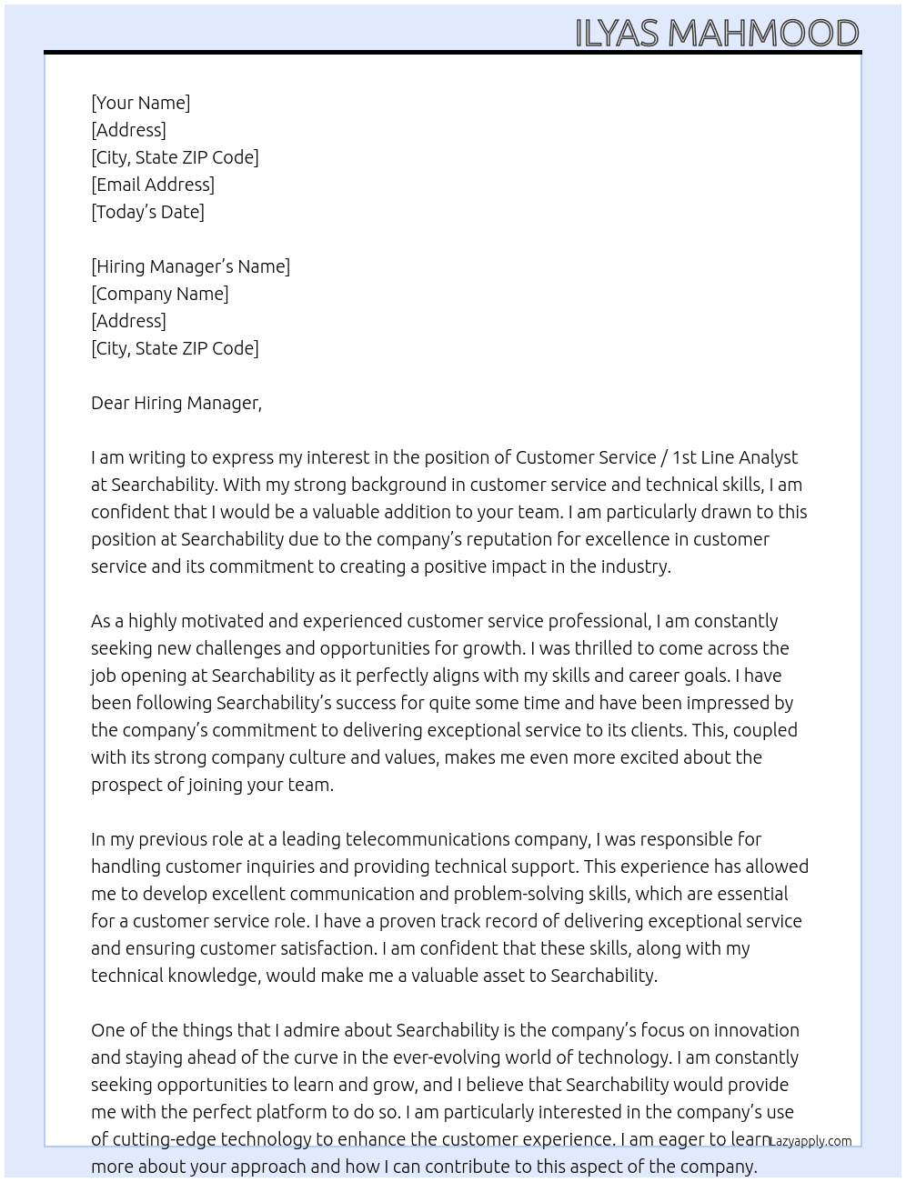 Customer Service / 1st Line Analyst  At Searchability  Cover Letter