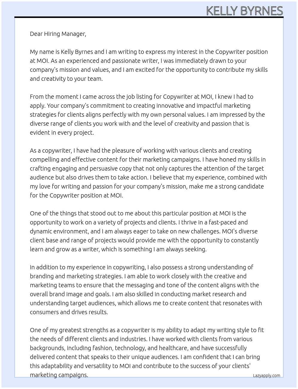 copywriter At MOI  Cover Letter