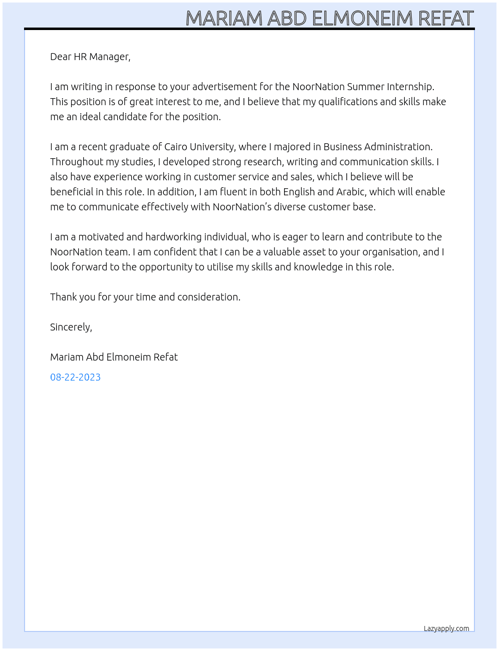 NoorNation Summer Internship At NoorNation Cover Letter