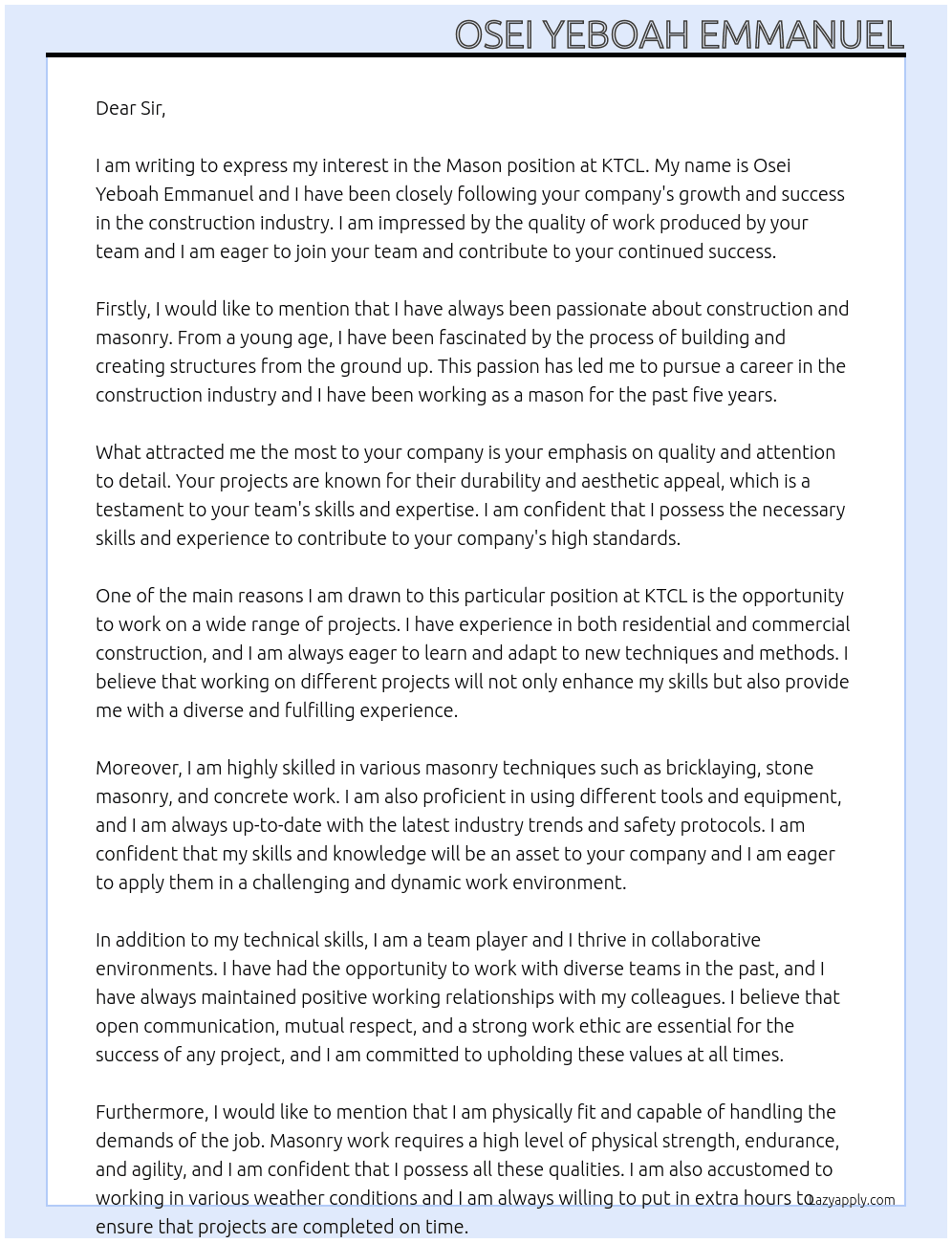 Mason At KTCL  Cover Letter