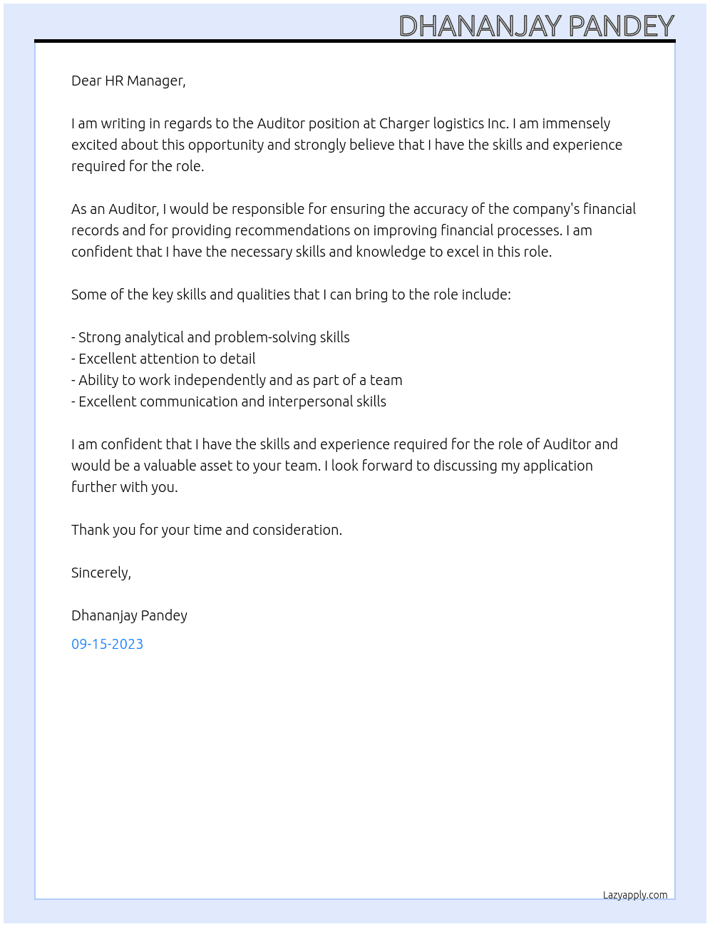 Auditor At Charger logistics Inc. Cover Letter
