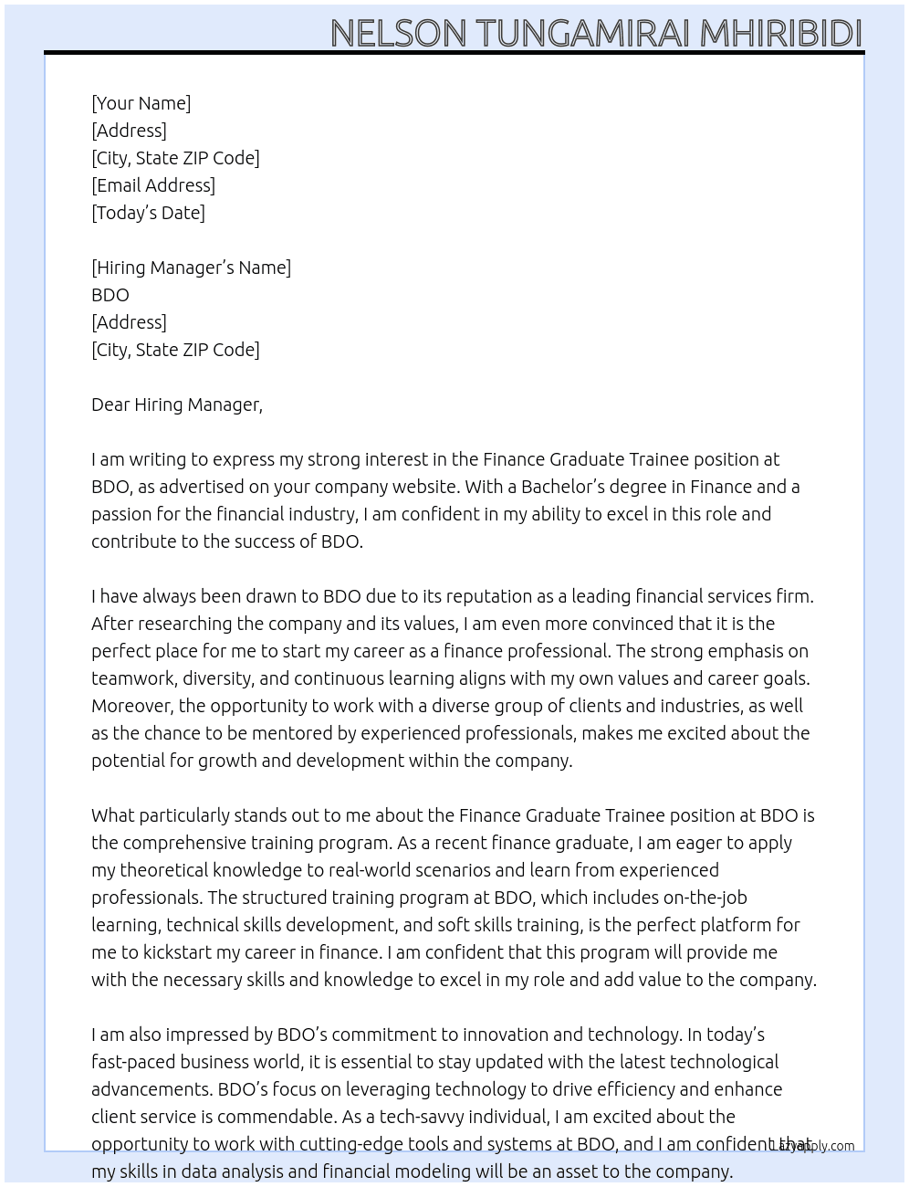finance graduate trainee At BDO  Cover Letter