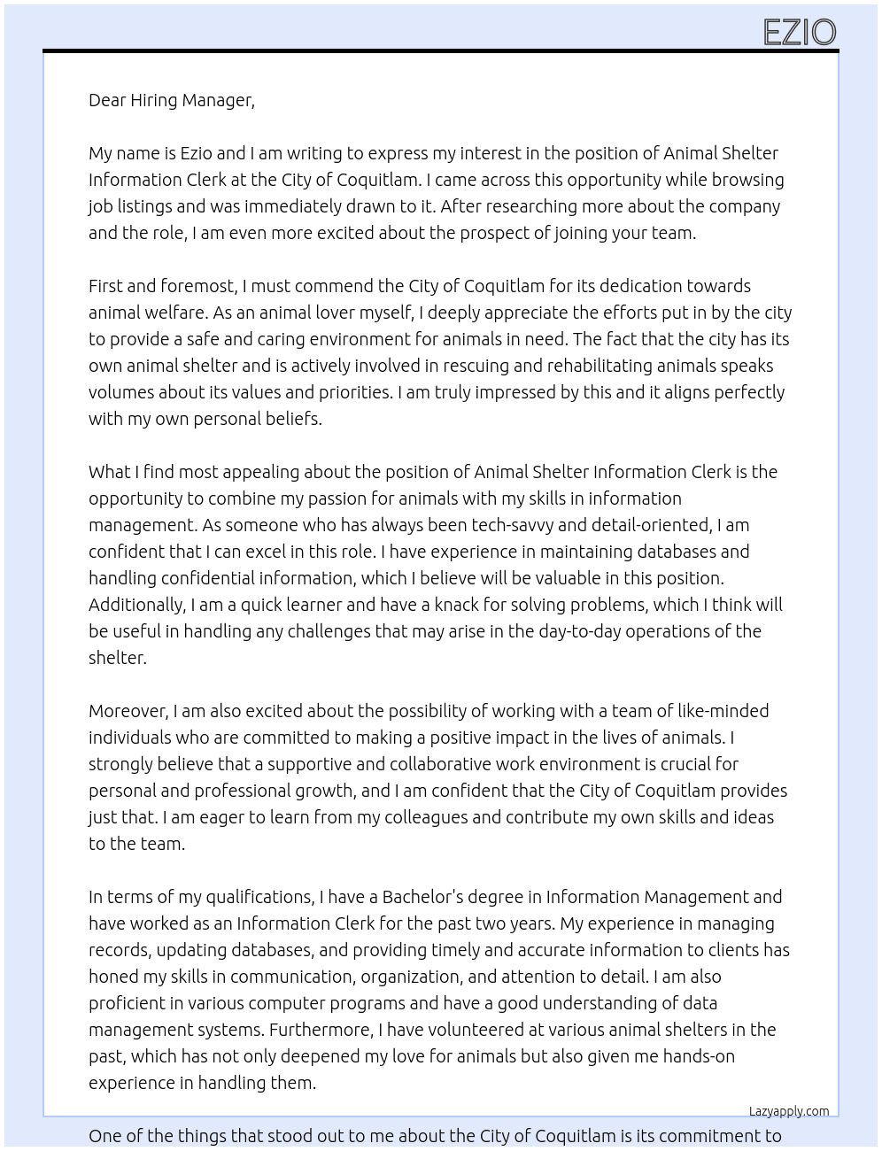 animal shelter information clerk At city of coquitlam Cover Letter