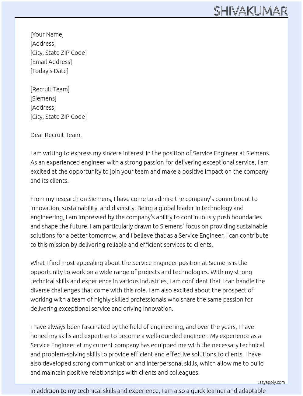 Service Engineer At Seimens Cover Letter