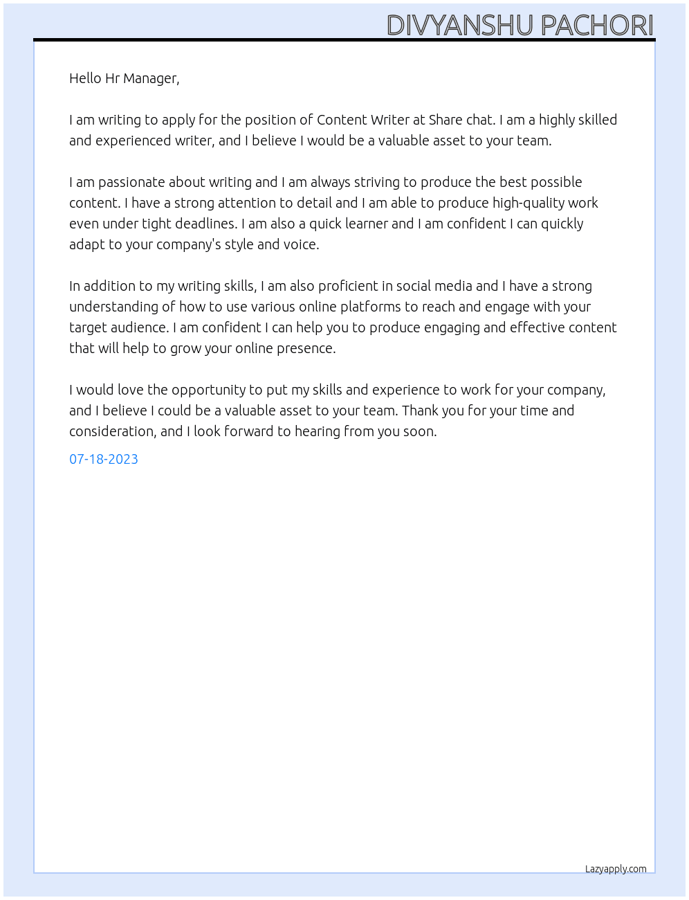 Content writter  At Share chat  Cover Letter