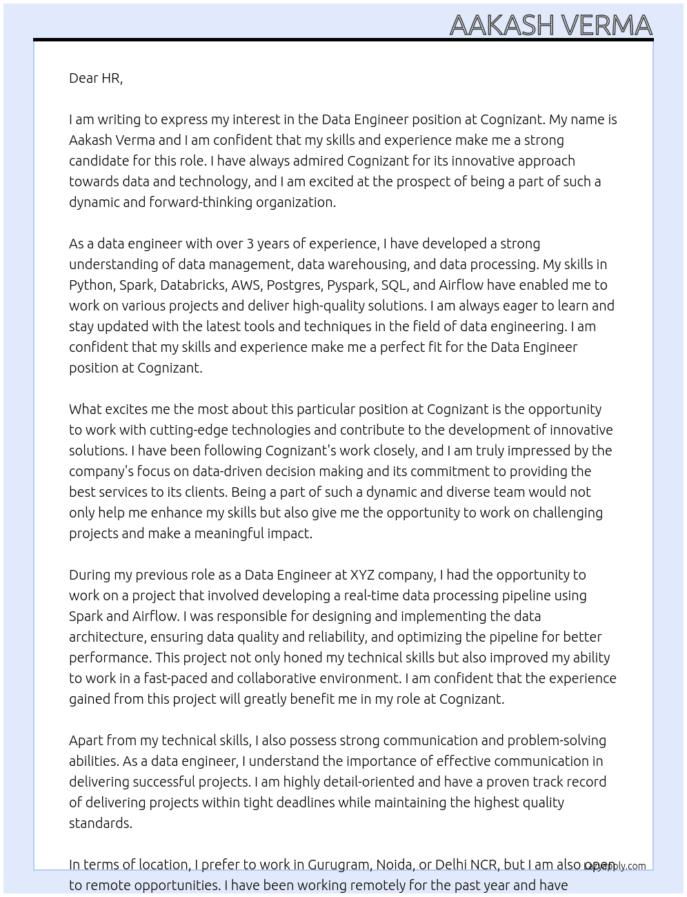 Data Engineer At Cognizant Cover Letter