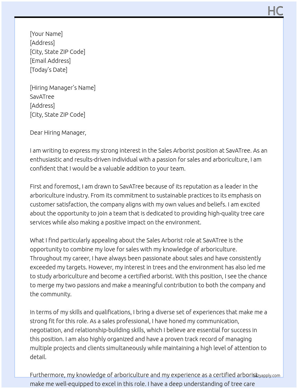 Sales Arborist  At SavATree Cover Letter