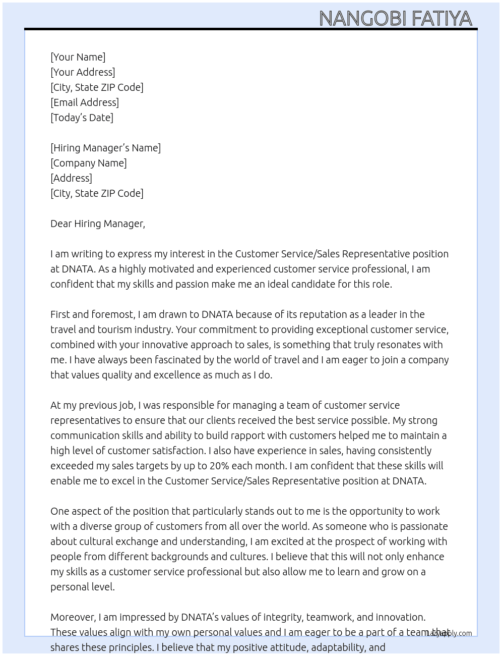Customer service/ Sales Representative  At Dnata Cover Letter