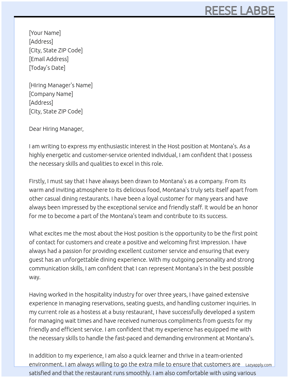 Host At Montana's Cover Letter