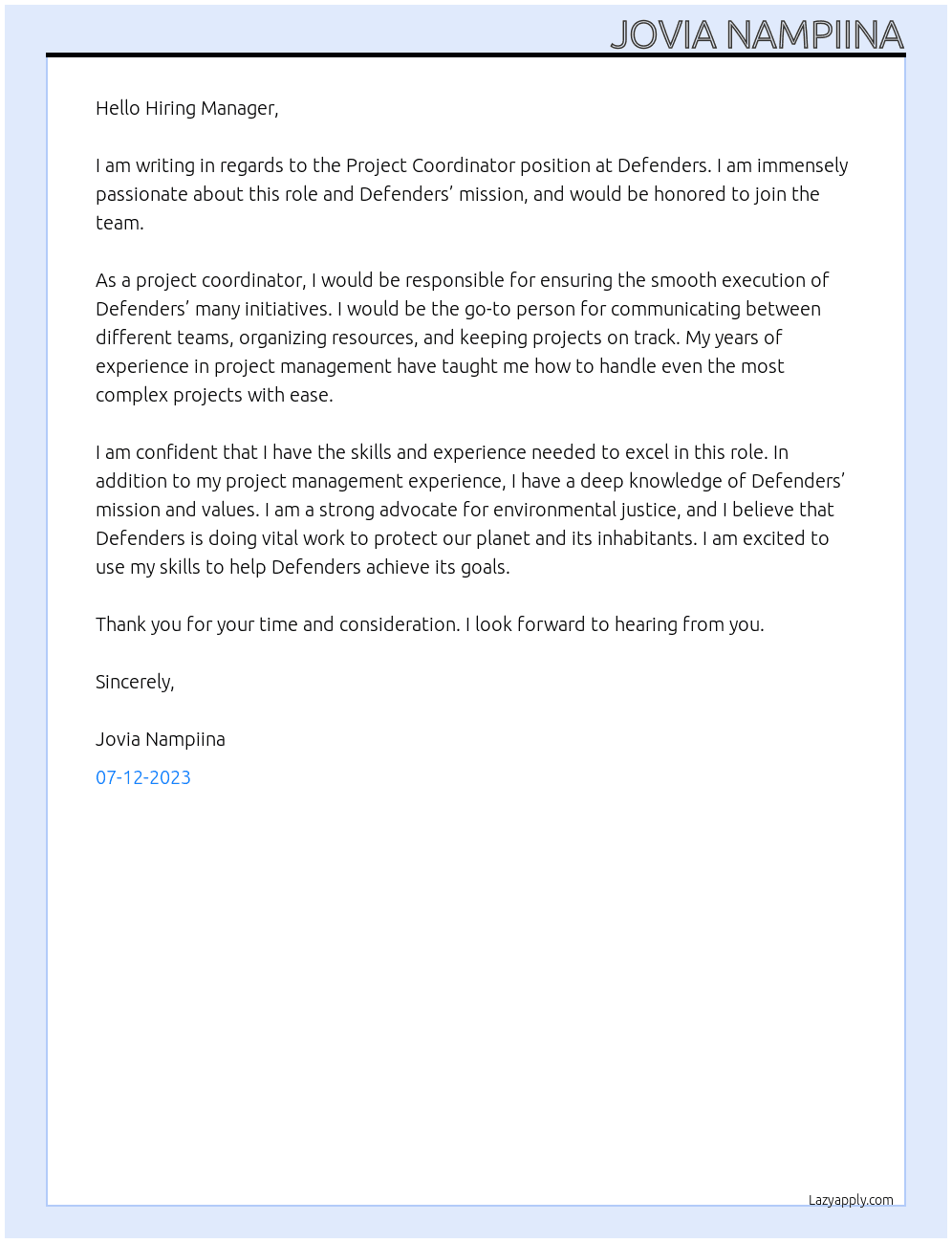 Project Coordinator At DefendersDefenders Cover Letter