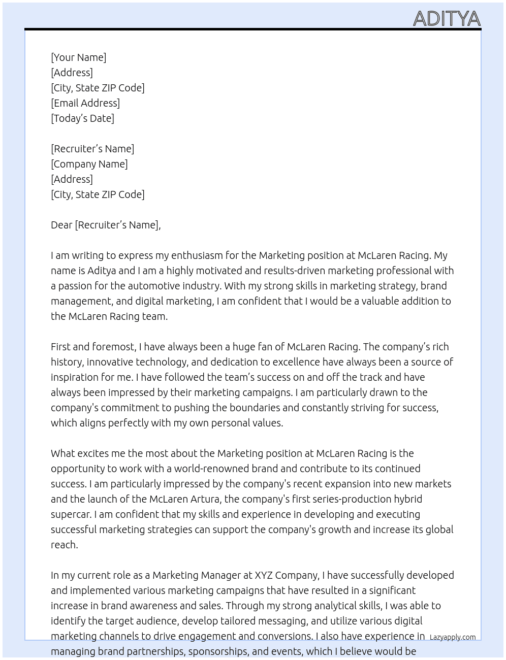 Marketing At Mclaren Racing Cover Letter