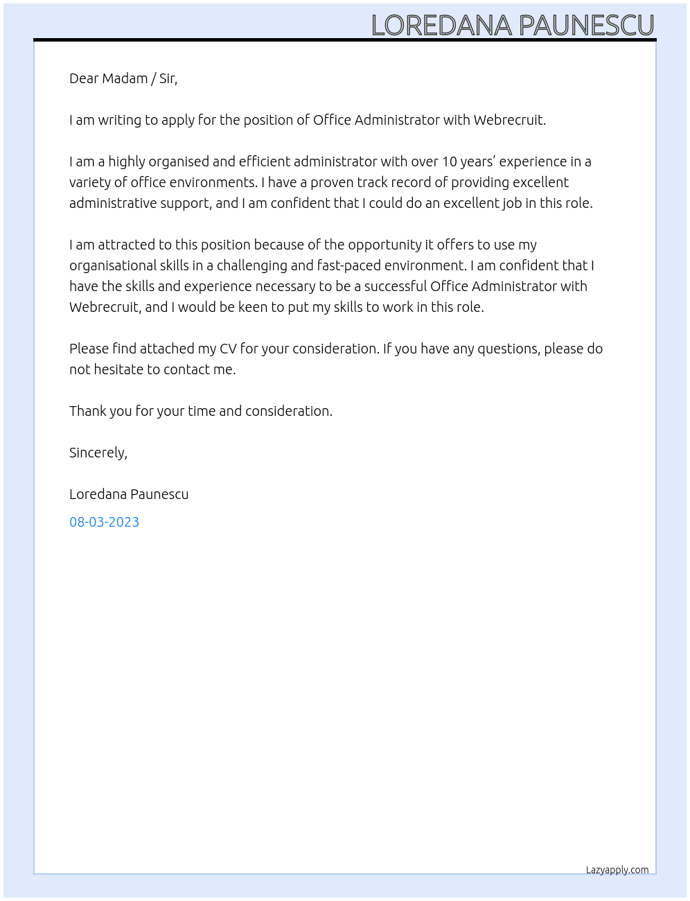 Office Administrator  At Webrecruit Cover Letter