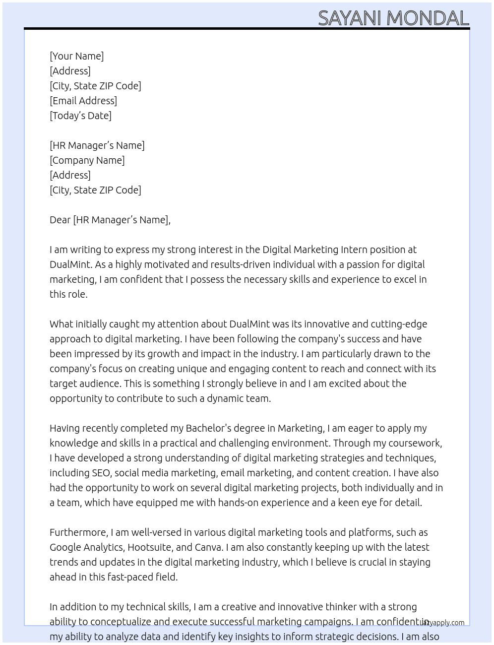 Digital Marketing Intern At DualMint Cover Letter