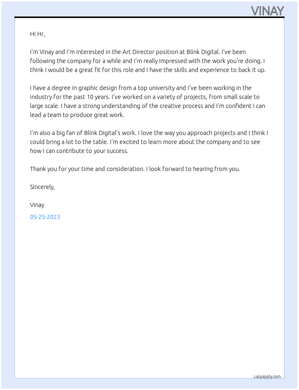 Art Director At Blink Digital Cover Letter
