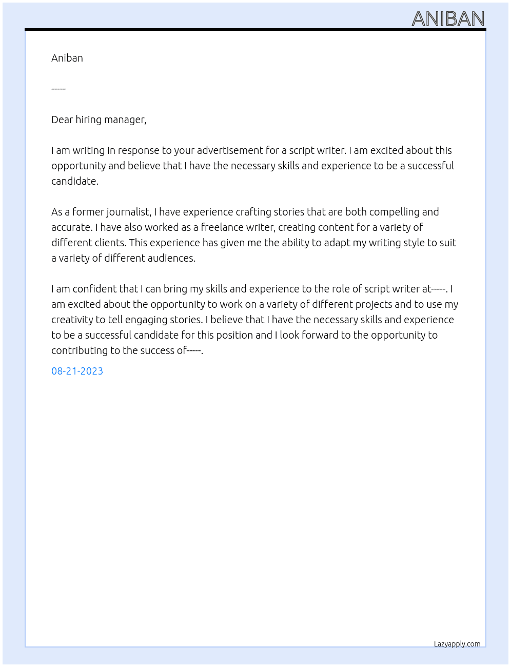Script writer At ----- Cover Letter