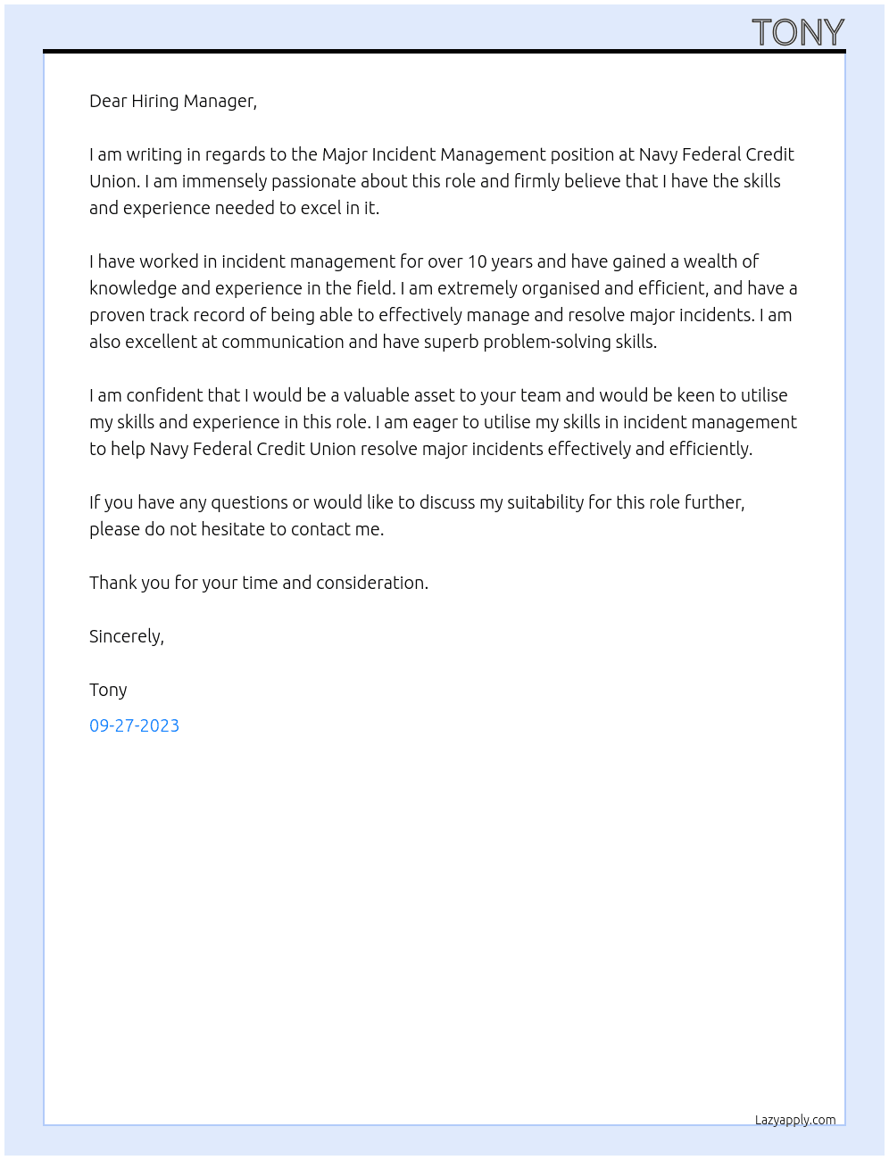 Major Incident Management At Navy Federal Credit Union Cover Letter