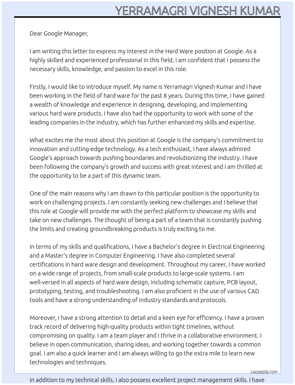 Hard ware At Google Cover Letter