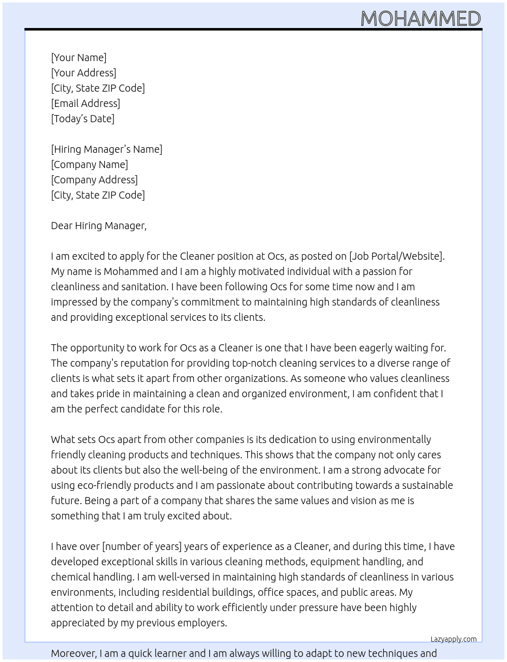 Cleaner At Ocs Cover Letter