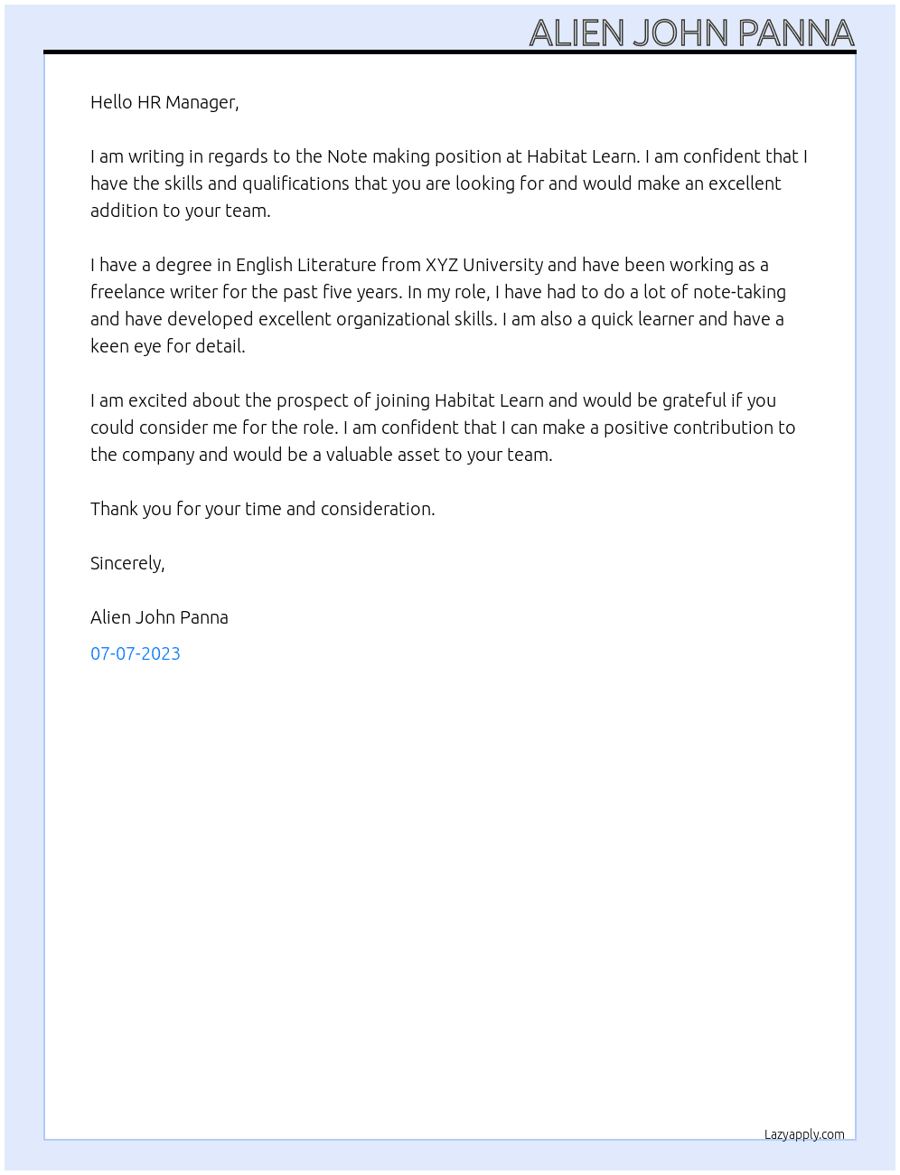 Note making  At Habitat Learn  Cover Letter