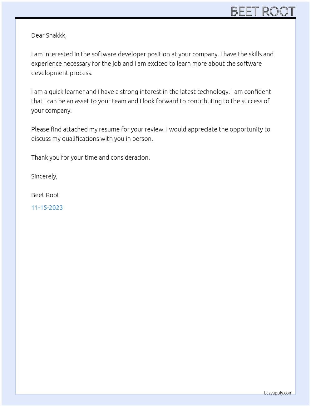 Software Developer At Shakkk Cover Letter