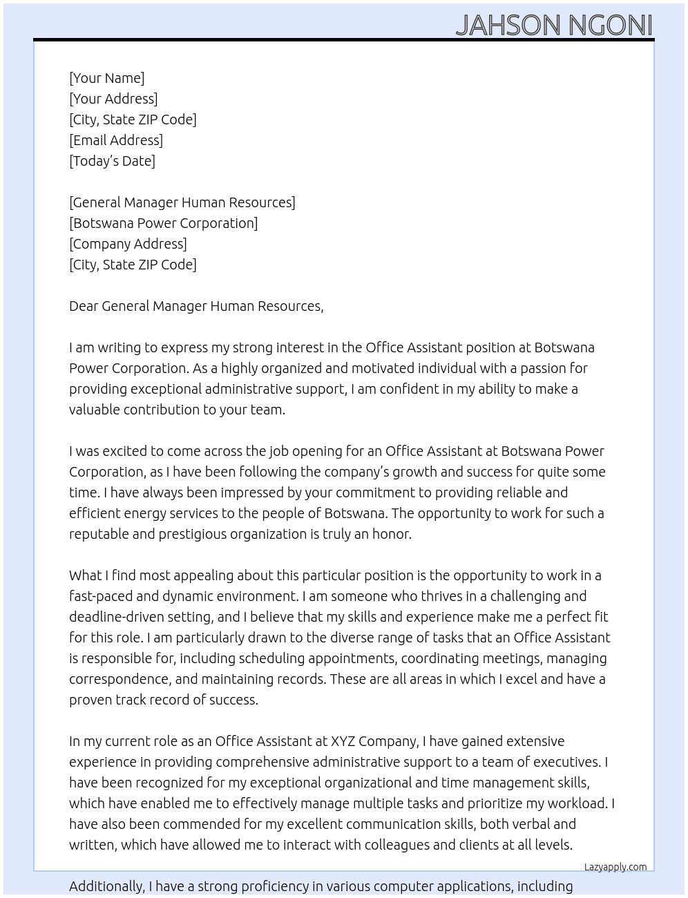 OFFICE ASSISTANT At Botswana Power Corporation Cover Letter