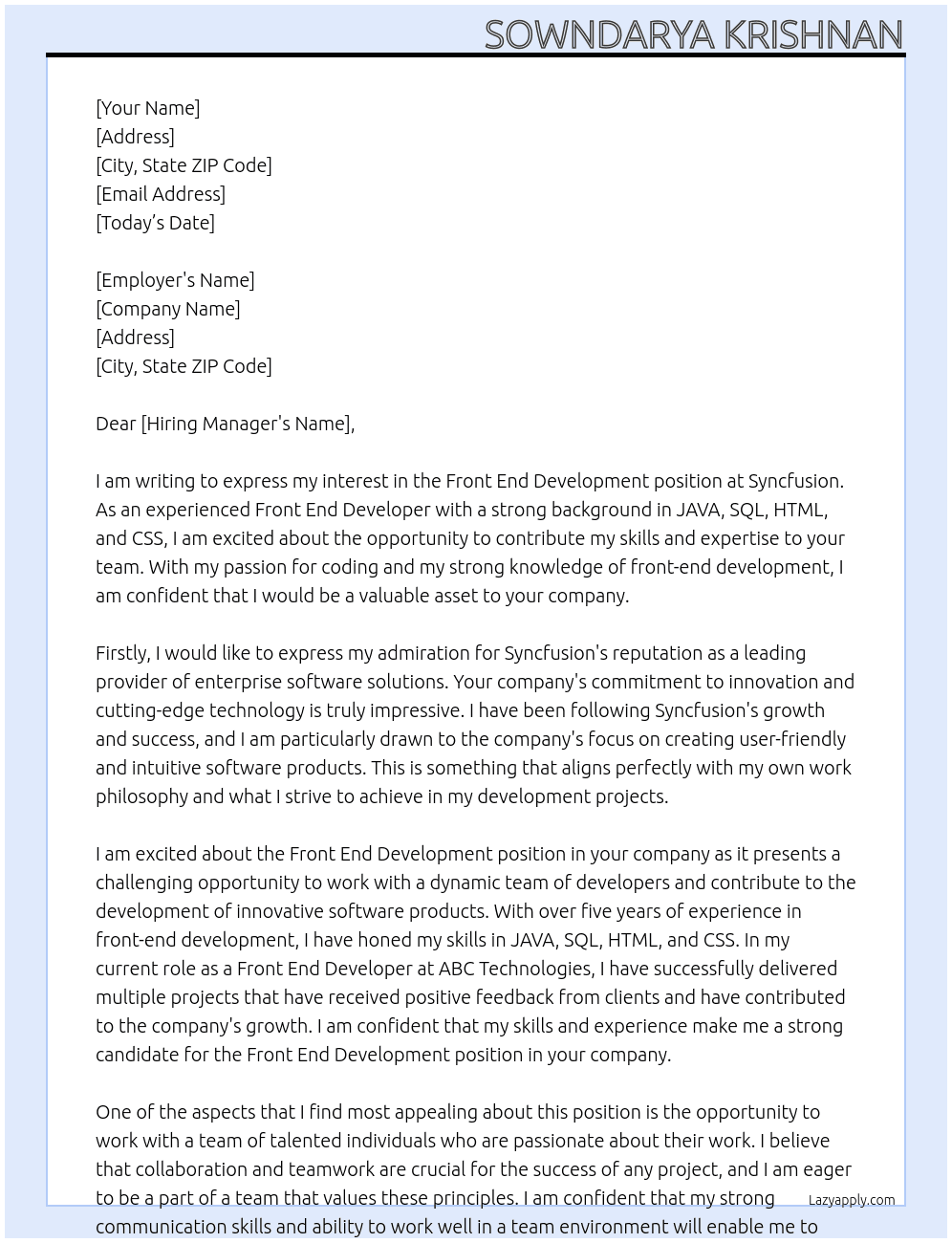 Front end development At Syncfusion Cover Letter