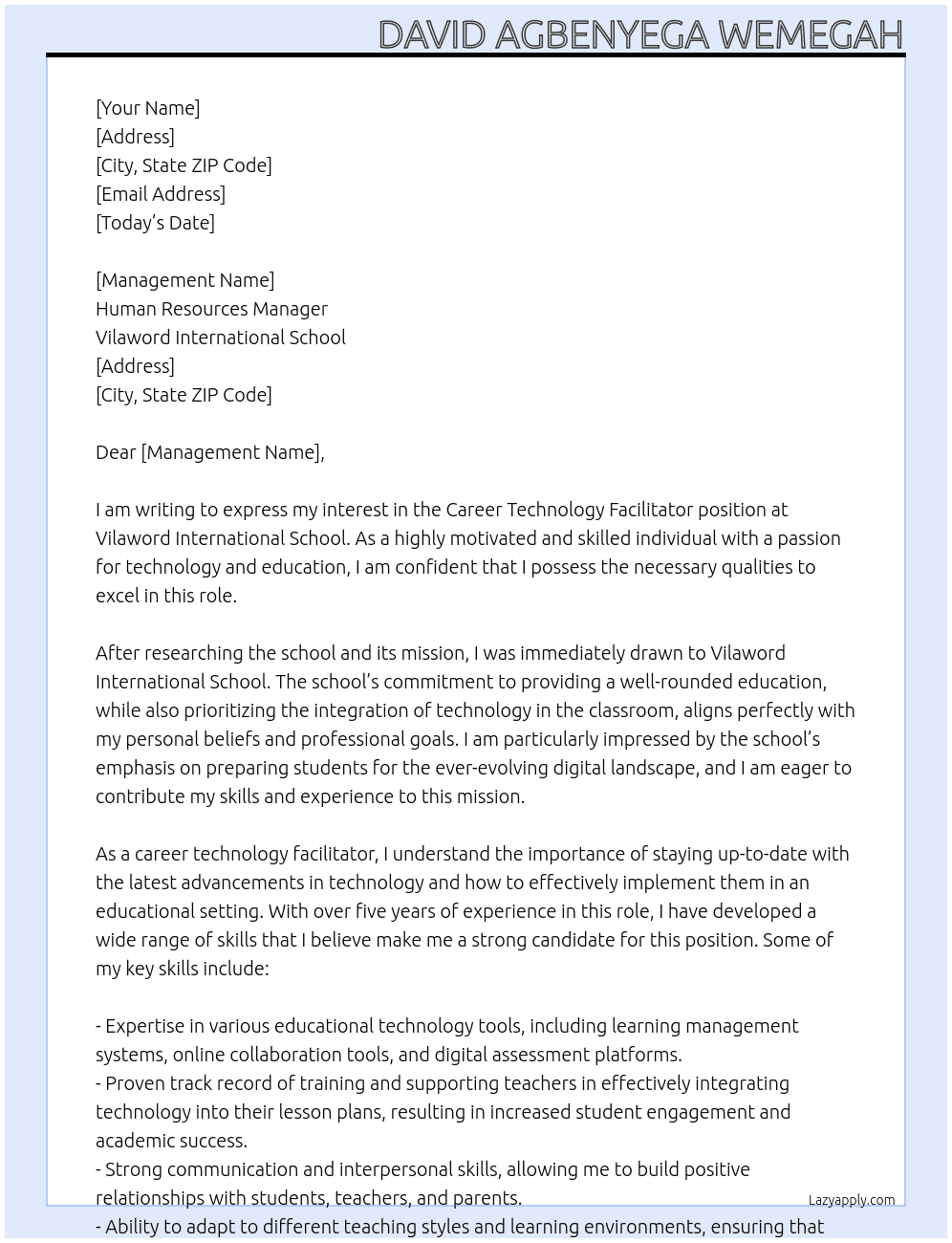 Career Technology Facilitator At Vilaword International School Cover Letter