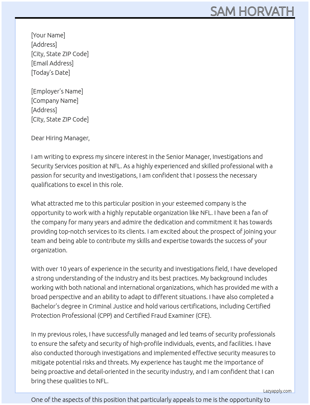 Senior Manager, Investigations and Security Services International-London, UK At NFL Cover Letter