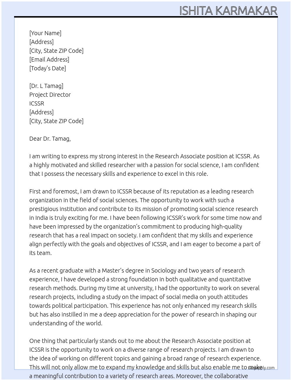 Research Associate At ICSSR Cover Letter