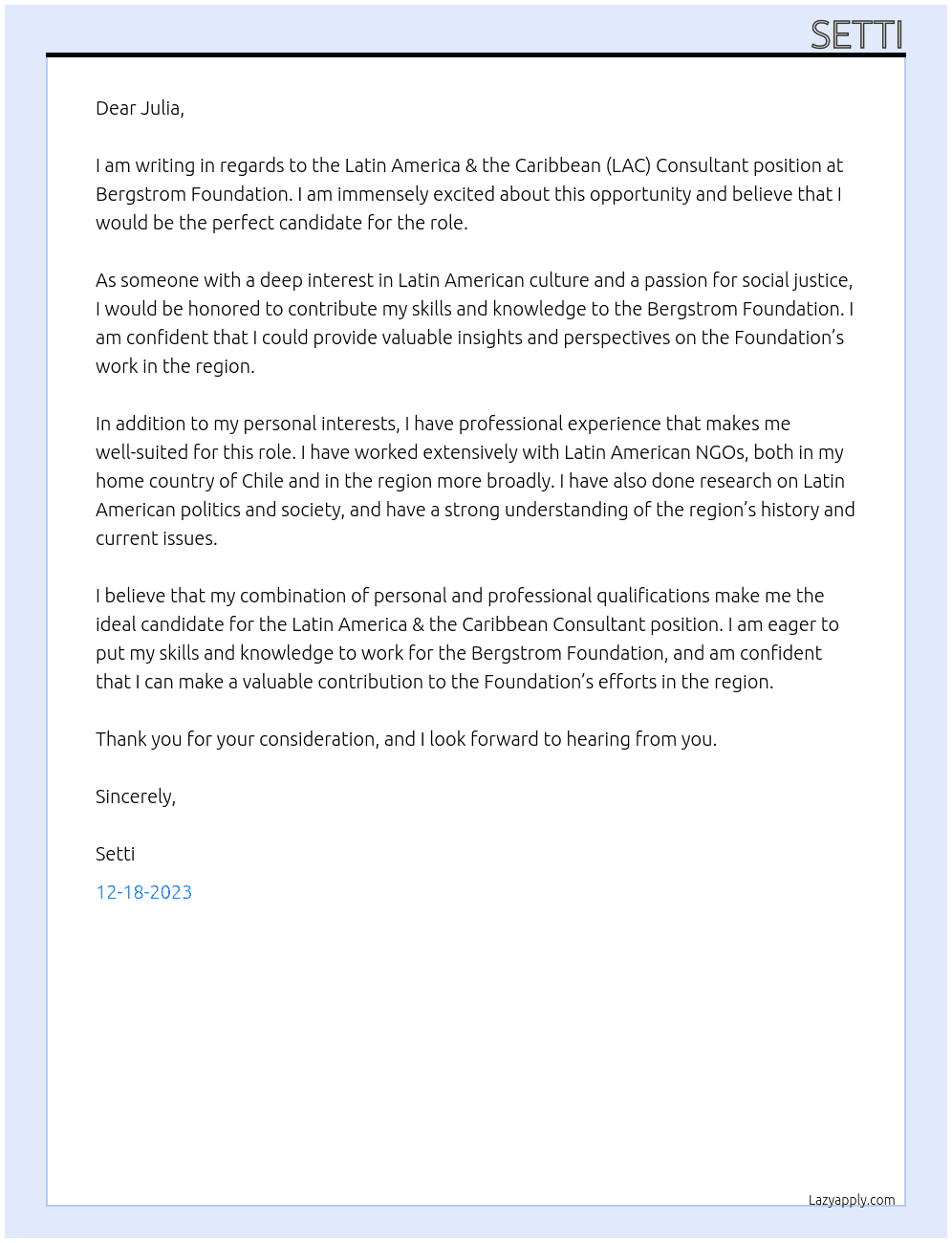 Latin America & the Caribbean (LAC) Consultant At Bergstrom Foundation Cover Letter