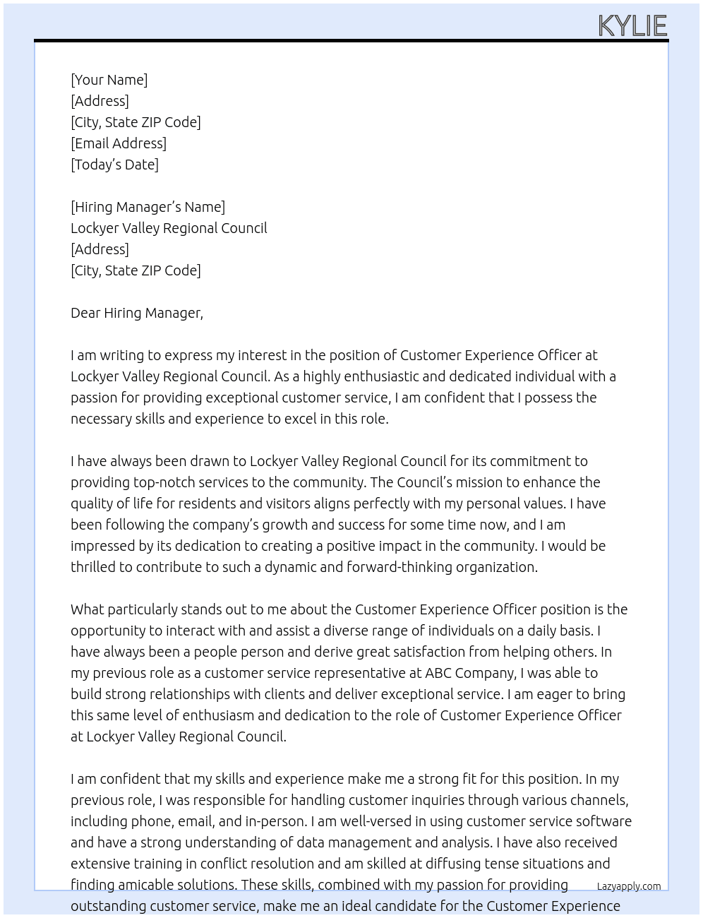 Customer Experience Officer At Lockyer Valley Regional Council Cover Letter