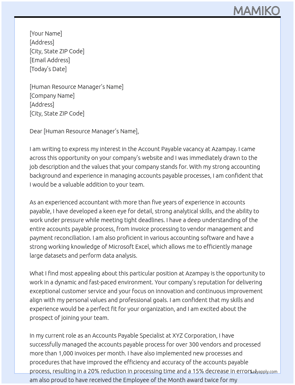 Account payable vacancy At Azampay Cover Letter
