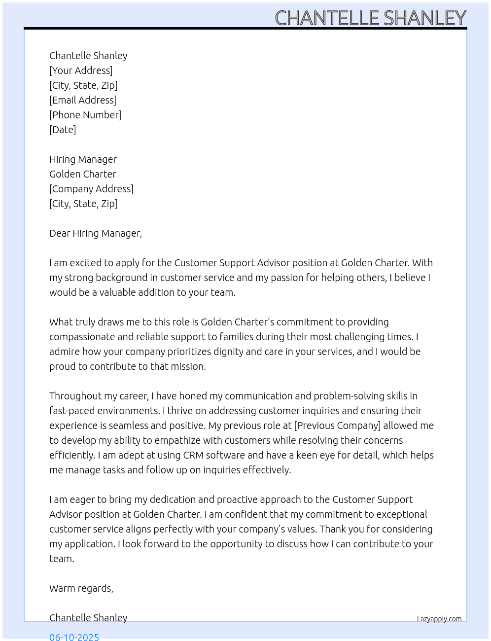 Customer Support Advisor At Golden Charter Cover Letter