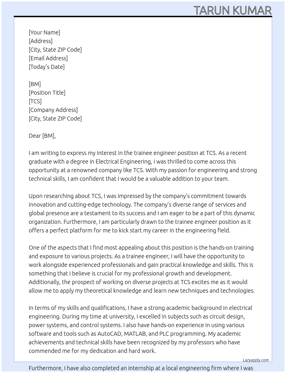 trainee engineer  At TCS  Cover Letter