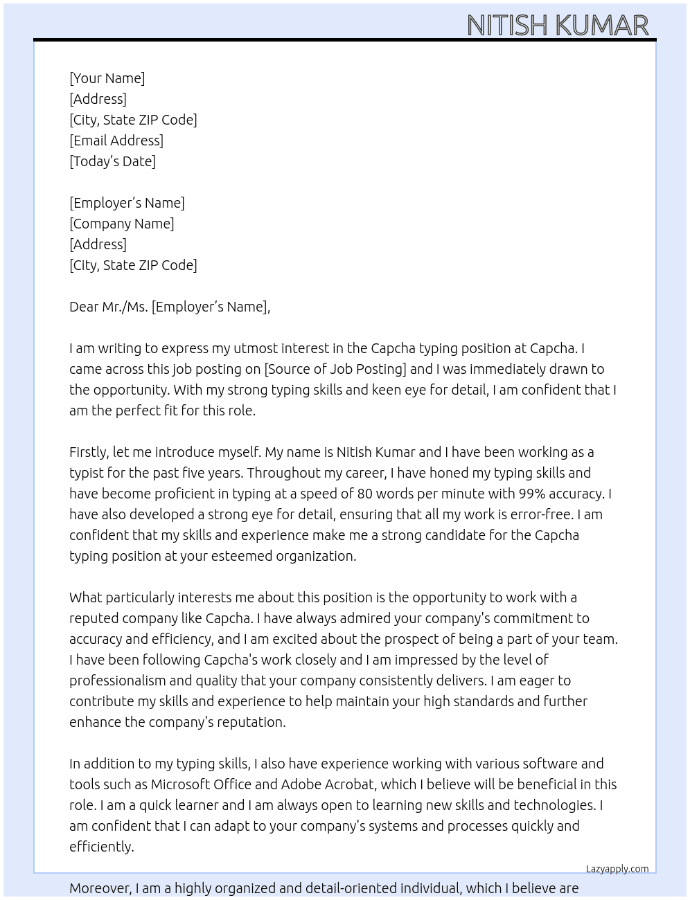 Capcha typing  At Capcha  Cover Letter