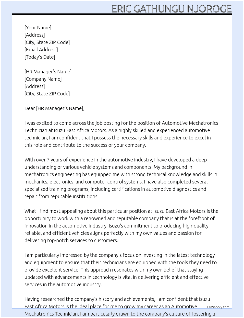 Automotive Mechatronics Technician At Isuzu East Africa Motors Cover Letter