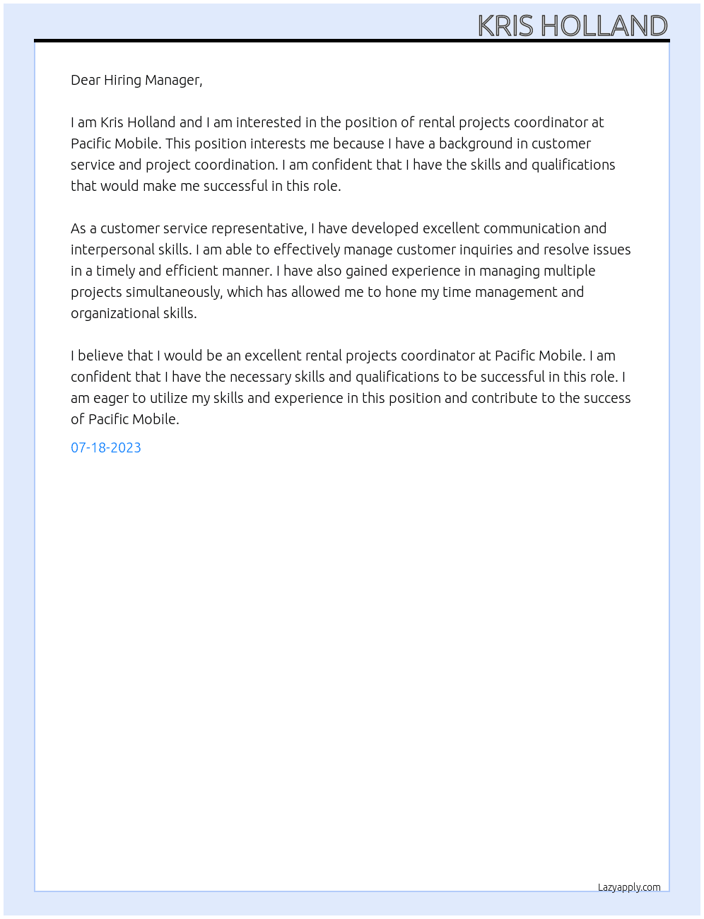 rental projects coordinator At Pacific Mobile Cover Letter