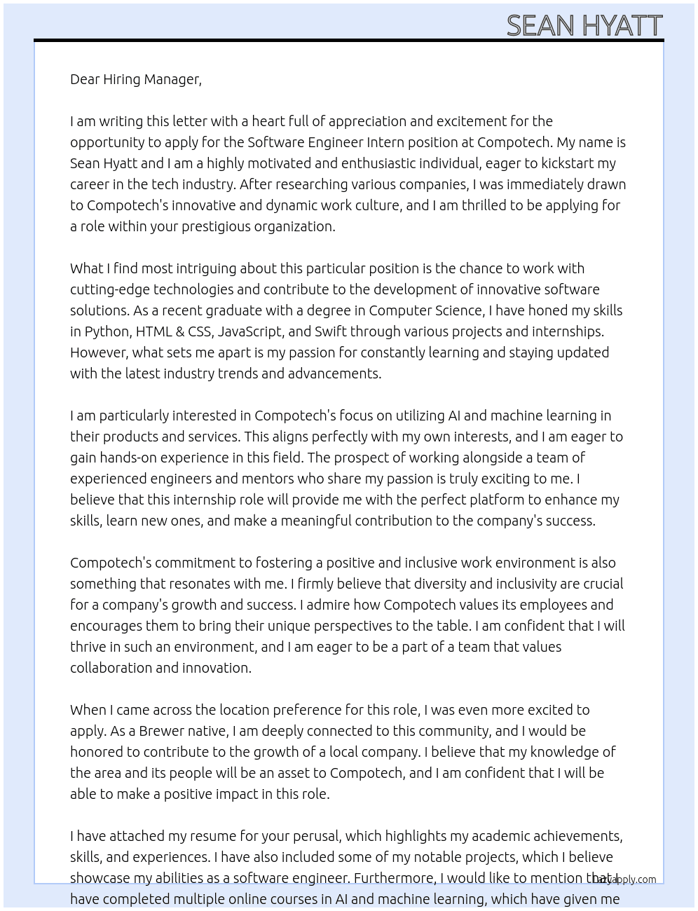 Software Engineer Intern At Compotech Cover Letter