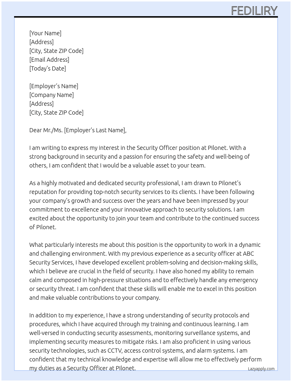 Security officer  At Pilonet Cover Letter