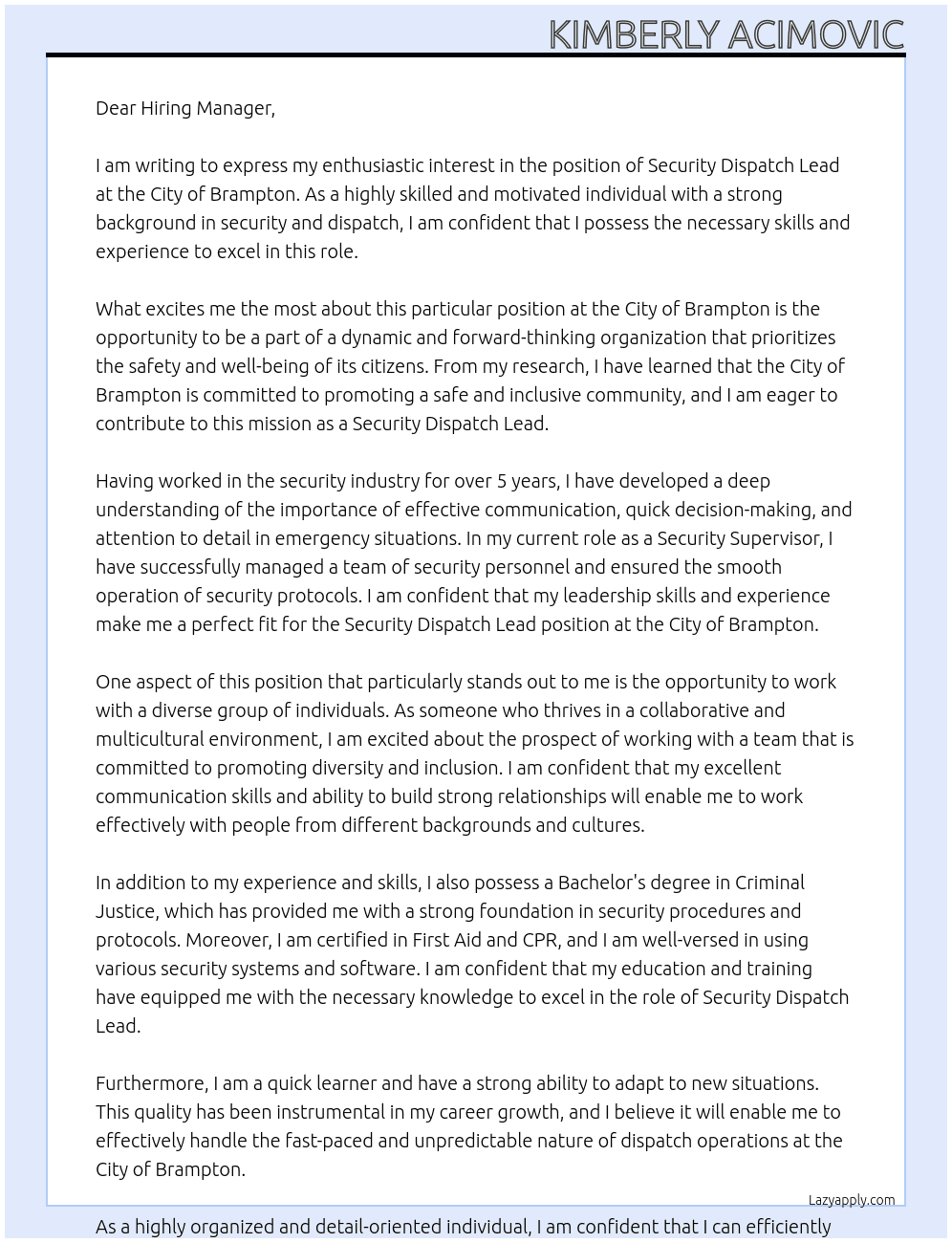 Security Dispatch Lead At City of Brampton  Cover Letter